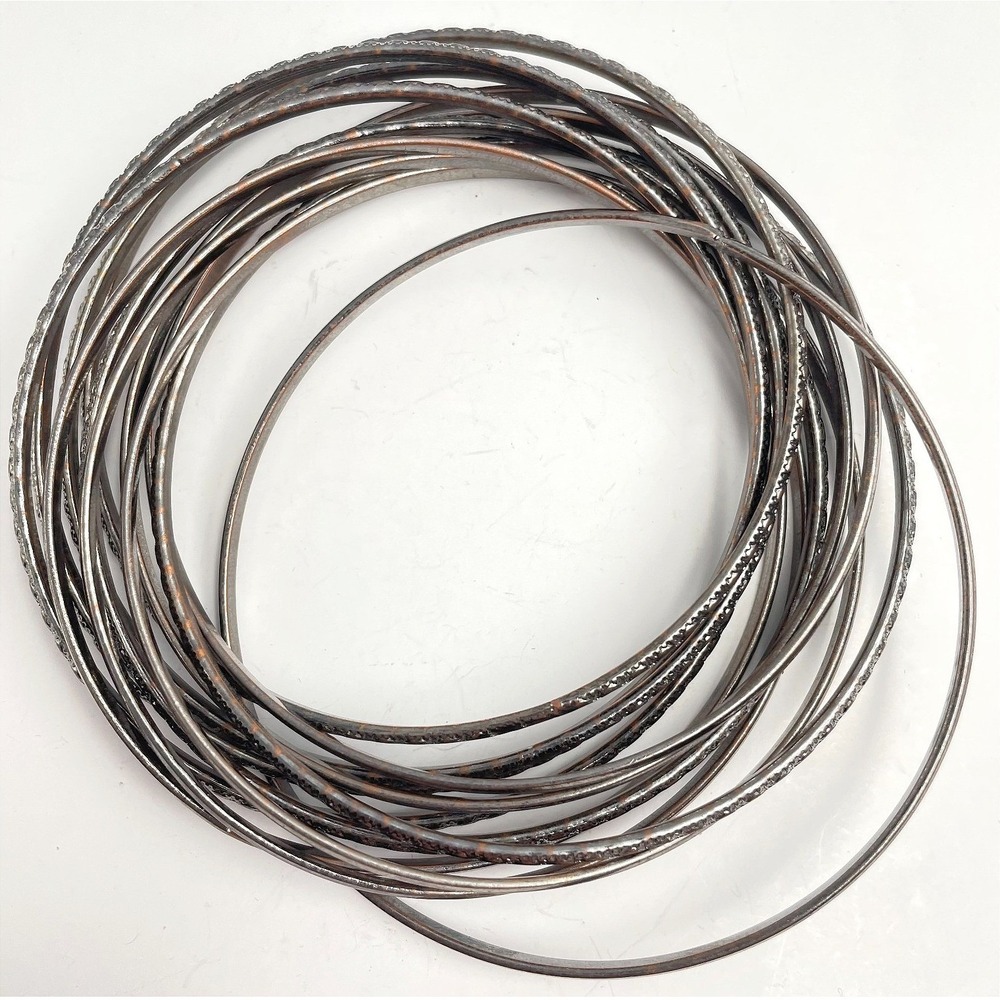 Vintage 90s Silver Tone Bangles Set Stackable Textured Slim Fashion Jewelry Boho